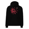 Back view of an oversized hoodie in black. HSR Evernight inspired design shows a large abstract red flower graphic in the center. Above the flower, text reads “veil” with a red circular stamp containing a chinese character.