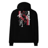 Back view of an oversized hoodie in black. HSR Evernight inspired design, featuring overlapping abstract linework in white, intersecting with solid block shapes in muted red and neutral tones. Bold calligraphic characters (長月夜) in traditional Chinese/Japanese kanji are placed prominently across the center, contrasting with the structured geometric background. 