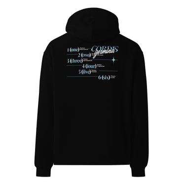 Back view of an oversized hoodie in black. Design is a structured typographic design across the upper back. The composition features a numbered sequence from one to six, each paired with Latin or pseudo-Latin text. The layout is horizontal with thin dividing lines and varied type treatments, creating a grid-like visual system.