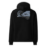 Back view of an oversized hoodie in black. Design is a large back graphic featuring a silouhette, line lined illustration with a caprinae like silhouette overlaid on the right side. Below the main graphic is a numbered list of phrases including "Late-Night Hours," "Secret Friend," "The Best Partner," and "The Never Ending Journey," followed by the words "FAIRYTALES & ETHEREALS" at the bottom.