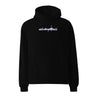 Front view of an oversized hoodie in black. Design showcases the word "Cerydra" in a stylized white script over a blue underline across the chest. Accompanied by "Rule Sundered"