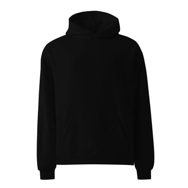 Front view of an oversized hoodie in black. There is no design on the front.