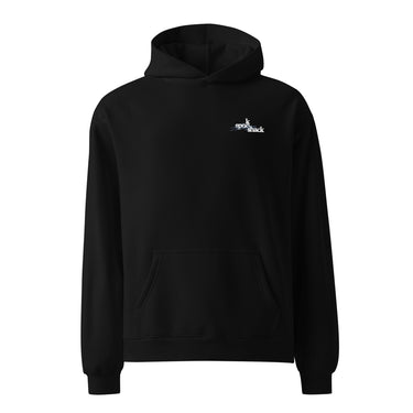Front view of an oversized hoodie in black. Design features a small logo on the upper chest featuring the words "spook shack" in a stacked, stylized font, with abstract horizontal brush strokes layered behind the text.