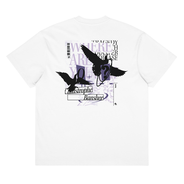 Back view of a box tee in white, flat. A large collage graphic on the back features two high-contrast silhouettes of birds. The design is layered with large text reading "WHERE ARE YOU?", the words "Catastrophe” and “Banshee" in a script font, and various other typographic and schematic elements.