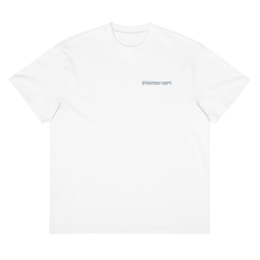 Front view of a box tee in white, flat. Small tonal chest lockup reading "External" above "STRATEGY DEPT." in pale blue and soft grey, set in a condensed bold sans with tiny wing and crosshair marks. A low-contrast print that sits close to the fabric.
