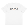Front view of a box tee in white, flat.