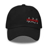 Front view of an baseball cap in black. Evernight inspired design, embroidered kanji characters (長月夜) sit on the front panel, intersected by a solid horizontal red bar across the middle.