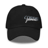 Front view of an baseball cap in black. Design is with embroidered text centered above the brim. The stitching combines serif and script styles, reading “Cordis Germina.”