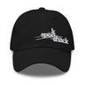 Front view of an baseball cap in black. It features an embroidered logo with the words "spook shack" in a stylized, stacked font, layered over abstract horizontal brush strokes.
