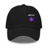 Front view of a baseball cap in black, shown flat. A white embroidered halo above a six-pointed violet star sits on the front panels above the curved brim.