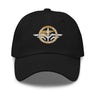 Front view of a baseball cap in Black. A circular emblem is embroidered on the front panel: a gold ring lettered "MIRACULUM IN CAELO NUMQUAM CADET" in white stitching, with a white winged spearhead standing through its centre and swept wings running out to either side. Unstructured six-panel crown, curved brim, adjustable metal buckle.