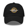 Front view of a baseball cap in Black. A circular emblem is embroidered on the front panel: a plain gold ring, with a white winged spearhead stitched through its centre and swept wings running out to either side. Unstructured six-panel crown, curved brim, adjustable metal buckle.