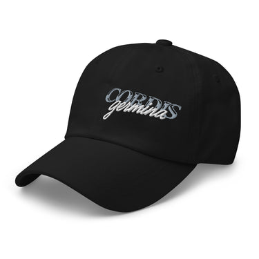 3/4 view of an baseball cap in black. Embroided text reading “Cordis Germina” visible on the crown.