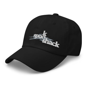 3/4 view of an baseball cap in black. The embroidered logo "spook shack" is shown on the front panel, designed with a stylized font and layered over abstract horizontal brush strokes.