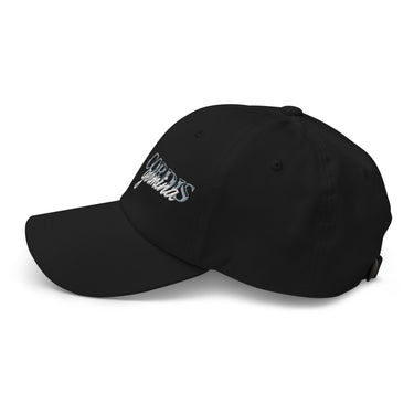 Side view of an baseball cap in black. Embroided text reading “Cordis Germina” visible on the crown.