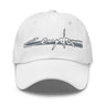 Front view of an baseball cap in white. “Cerydra” is embroidered in stylized script, centered above the brim.