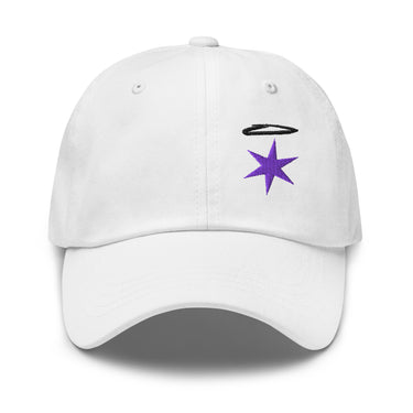 Front view of a baseball cap in white, shown flat. A black embroidered halo above a six-pointed violet star sits on the front panels above the curved brim.