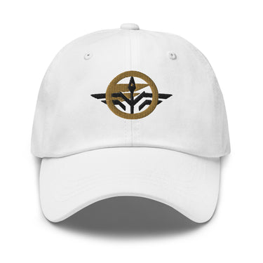 Front view of a baseball cap in White. A circular emblem is embroidered on the front panel: a plain gold ring, with a black winged spearhead stitched through its centre and swept wings running out to either side. Unstructured six-panel crown, curved brim, adjustable metal buckle.