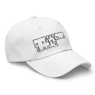 3/4 view of an baseball cap in white. The cap features a black outline graphic on the front panels with the stylized, blocky words 'PERMANSOR' and 'TERRAE' stacked on top of each other.
