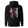 Back view of an hoodie in black. HSR Evernight inspired design, featuring overlapping abstract linework in white, intersecting with solid block shapes in muted red and neutral tones. Bold calligraphic characters (長月夜) in traditional Chinese/Japanese kanji are placed prominently across the center, contrasting with the structured geometric background. 