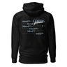 Back view of an hoodie in black. Design is a structured typographic design across the upper back. The composition features a numbered sequence from one to six, each paired with Latin or pseudo-Latin text. The layout is horizontal with thin dividing lines and varied type treatments, creating a grid-like visual system.