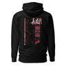 Back view of an hoodie in black. Design features a large vertical graphic inspired by Honkai: Star Rail. The design includes line art of a character's silhouette, with text for "Evernight" in Chinese/Kanji (長夜月), and additional text elements.