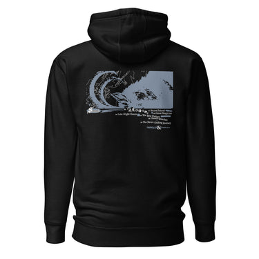 Back view of an hoodie in black. Design is a large back graphic featuring a silouhette, line lined illustration with a caprinae like silhouette overlaid on the right side. Below the main graphic is a numbered list of phrases including "Late-Night Hours," "Secret Friend," "The Best Partner," and "The Never Ending Journey," followed by the words "FAIRYTALES & ETHEREALS" at the bottom.