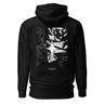 Back view of an hoodie in black. The design showcases a large, intricate graphic centered on the upper back. A radiant, four-point star form sits in the middle, surrounded by fragmented abstract shapes, and faint technical linework. Scattered numbers and coordinates appear along the right side, adding a coded, data-driven atmosphere. At the bottom of the composition, serif text reads “Verse & Vow,” followed by the word “genesis” in delicate handwritten script.