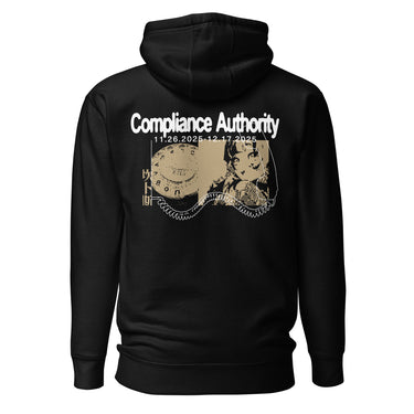 Back view of an hoodie in black. A large graphic composition spans the upper back, featuring the phrase “Compliance Authority” in bold at the top, with a date range centered beneath it. Below, a rectangular collage combines a textured illustration of a dial-like object and a stylized figure, framed by vertical bars with additional characters. Thin linework of symmetrical wings extends outward from the bottom edge of the collage, adding contrast to the overall layered design.