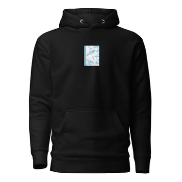 Front view of an hoodie in black. Design is a bitmapped illustration of Seed from Zenless Zone Zero, in a small centered rectangular graphic on the chest. The graphic is composed of light tones.