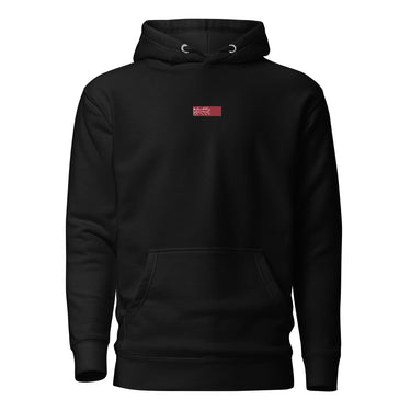 Front view of an hoodie in black. Design is a small, embroidered red patch on the left chest featuring the white line art of an Astral Express ticket from Honkai: Star Rail.