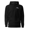 Front view of an hoodie in black. Design features a small logo on the upper chest featuring the words "spook shack" in a stacked, stylized font, with abstract horizontal brush strokes layered behind the text.
