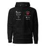 Front view of a hoodie in black. A graphic-forward arrangement of stylized sponsor-style logos fills the upper chest in two columns — featuring marks reading "ENCORE X," "the Tavern," "PUNCHLINE Tuning," "blocked. media management," "lies & palette Co.," "144," and "Engage," alongside a circular flame emblem. White and deep crimson lettering on black, blending streetwear with motorsport aesthetics.
