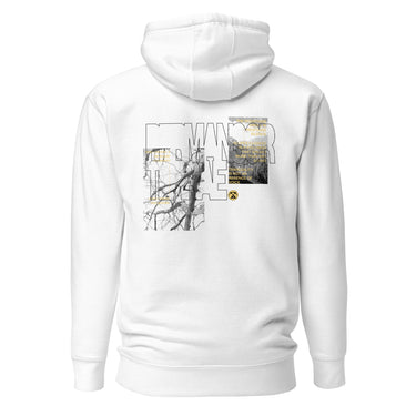 Back view of an hoodie in white. Main portion of the design features a large, more abstractesque text across the upper back, writing "Permansor Terrae." The design includes large, black-outlined letters, overlaid with a black and white illustration of bare tree branches on the left and a bitmapped image of a mountain range filled with yellow text on the right, accented with distressed gold textures.