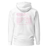 Back view of an hoodie in white. The design includes stylized text at the top reading ‘ODES As I’ve Written’ with a small decorative image beside it. Below this header, a grid-like arrangement lists words in Roman numeral order, such as ‘WORLD,’ ‘ROMANCE,’ ‘PASSAGE,’ ‘OCEAN,’ ‘DEATH,’ ‘SKY,’ ‘TIME,’ ‘EARTH,’ ‘TRICKERY,’ ‘LAW,’ ‘REASON,’ and ‘STRIFE.’ The typography mixes serif and decorative styles, giving the shirt a poetic, vintage-inspired aesthetic.