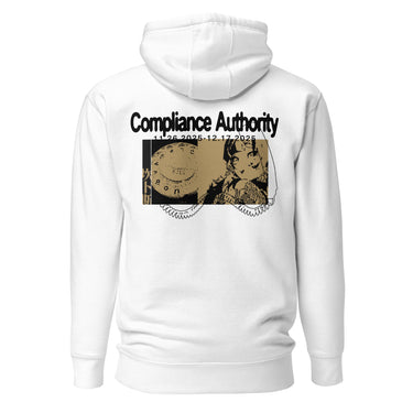 Back view of an hoodie in white. A large graphic composition spans the upper back, featuring the phrase “Compliance Authority” in bold at the top, with a date range centered beneath it. Below, a rectangular collage combines a textured illustration of a dial-like object and a stylized figure, framed by vertical bars with additional characters. Thin linework of symmetrical wings extends outward from the bottom edge of the collage, adding contrast to the overall layered design.