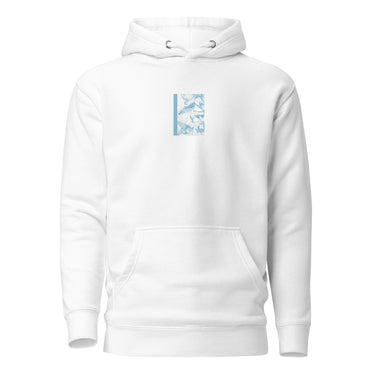 Front view of an hoodie in white. Design is a bitmapped illustration of Seed from Zenless Zone Zero, in a small centered rectangular graphic on the chest. The graphic is composed of light tones.