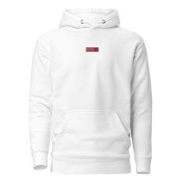 Front view of an hoodie in white. Design is a small, embroidered red patch on the left chest featuring the white line art of an Astral Express ticket from Honkai: Star Rail.