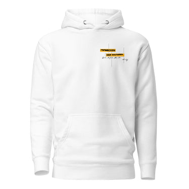 Front view of an hoodie in white. Design is positioned on the upper left chest. Design features a yellow rectangular label reading “CONNECKEN,” smaller text “DER WÄCHTER,” and fine white script lines and coordinates below it.