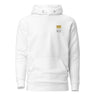 Front view of an hoodie in white. Design features a small graphic on the left chest. The graphic has the phrase "Pillar of Stone" stacked word on word in all caps. The word "Pillar" is highlighted in yellow.