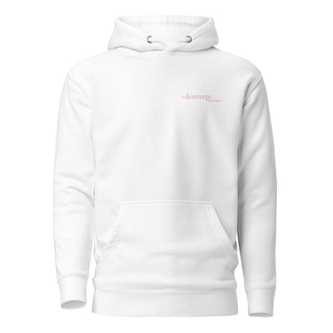 Front view of an hoodie in white. Design features a small, minimal text print placed on the upper left chest. The word “demiurge” appears in a clean serif font, preceded by a small infinity-shaped symbol. Just beneath it, in tiny handwritten script, the phrase “the mind” is printed in quotation marks.