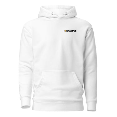 Front view of an hoodie in white. A minimalist design is placed on the upper left chest, featuring a compact arrangement of graphic elements. The word “KRAMPUS” appears in small white uppercase lettering, paired with a circular gold icon to its left. 