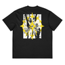 Back view of a box tee in black, flat. A large graphic centred on the upper back: a spiky, star-like silhouette filled with an abstract collage of fragmented hands in black and yellow line art, with bold yellow accents and horizontal black lines running through it.