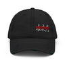 Front view of an distressed hat in black. Evernight inspired design, embroidered kanji characters (長月夜) sit on the front panel, intersected by a solid horizontal red bar across the middle.