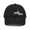 Front view of an distressed hat in black. It features an embroidered logo with the words "spook shack" in a stylized, stacked font, layered over abstract horizontal brush strokes.