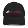 Front view of a distressed hat in black. A white rabbit silhouette and "ELATED♦" in bold red are embroidered side by side across the front panel. Intentional distressing and raw fraying are visible along the brim edge and crown seams.
