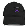 Front view of a distressed dad hat in black. An embroidered white halo floats above a six-pointed violet star on the front crown, stitched over unstructured panels and a frayed curved brim.