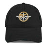 Front view of a distressed hat in Black. A circular emblem is embroidered on the front panel: a gold ring lettered "MIRACULUM IN CAELO NUMQUAM CADET" in white stitching, with a white winged spearhead standing through its centre and swept wings running out to either side. Unstructured six-panel crown, curved brim, hook and loop closure.