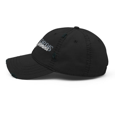Side view of an distressed hat in black. Embroided text reading “Cordis Germina” visible on the crown.
