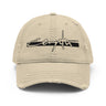 Front view of an distressed hat in white. “Cerydra” is embroidered in stylized script, centered above the brim.